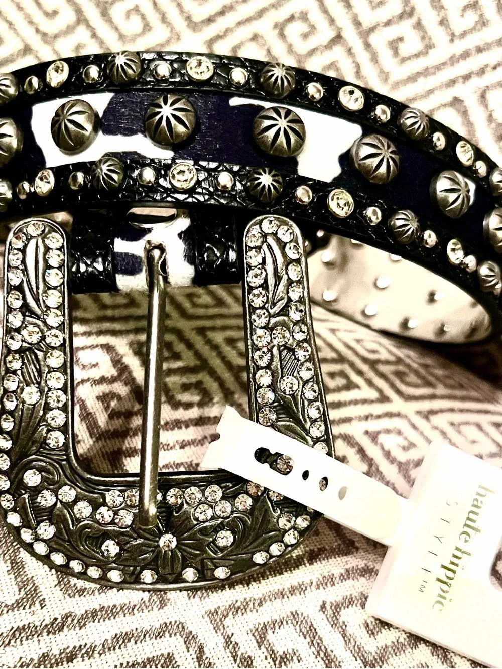 NEW Haute Hippie Black and White Studded Leather Belt with Crystal Buckle.